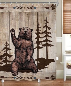Brown Wood Bear Vintage Bathroom Shower Curtain, Rustic Wooden Board Forest Wild Animal Fabric Waterproof Curtain