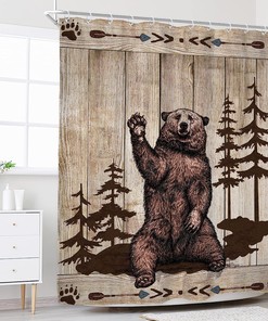 Brown Wood Bear Vintage Bathroom Shower Curtain, Rustic Wooden Board Forest Wild Animal Fabric Waterproof Curtain