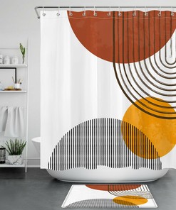 Brown Yellow Line Design Waterproof Geometric Pattern Fabric Shower Curtain
