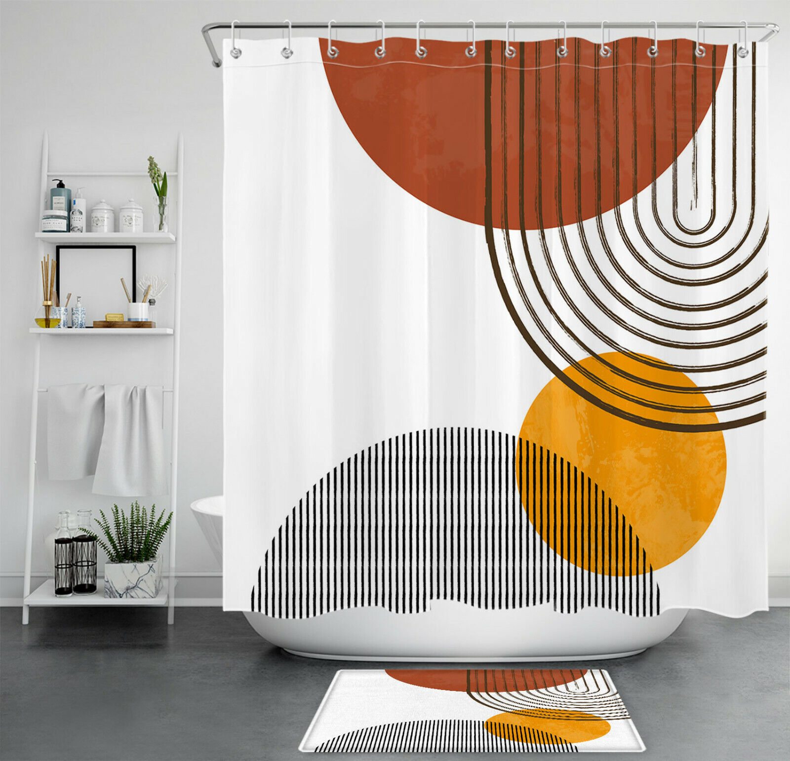 Brown Yellow Line Design Waterproof Geometric Pattern Fabric Shower Curtain