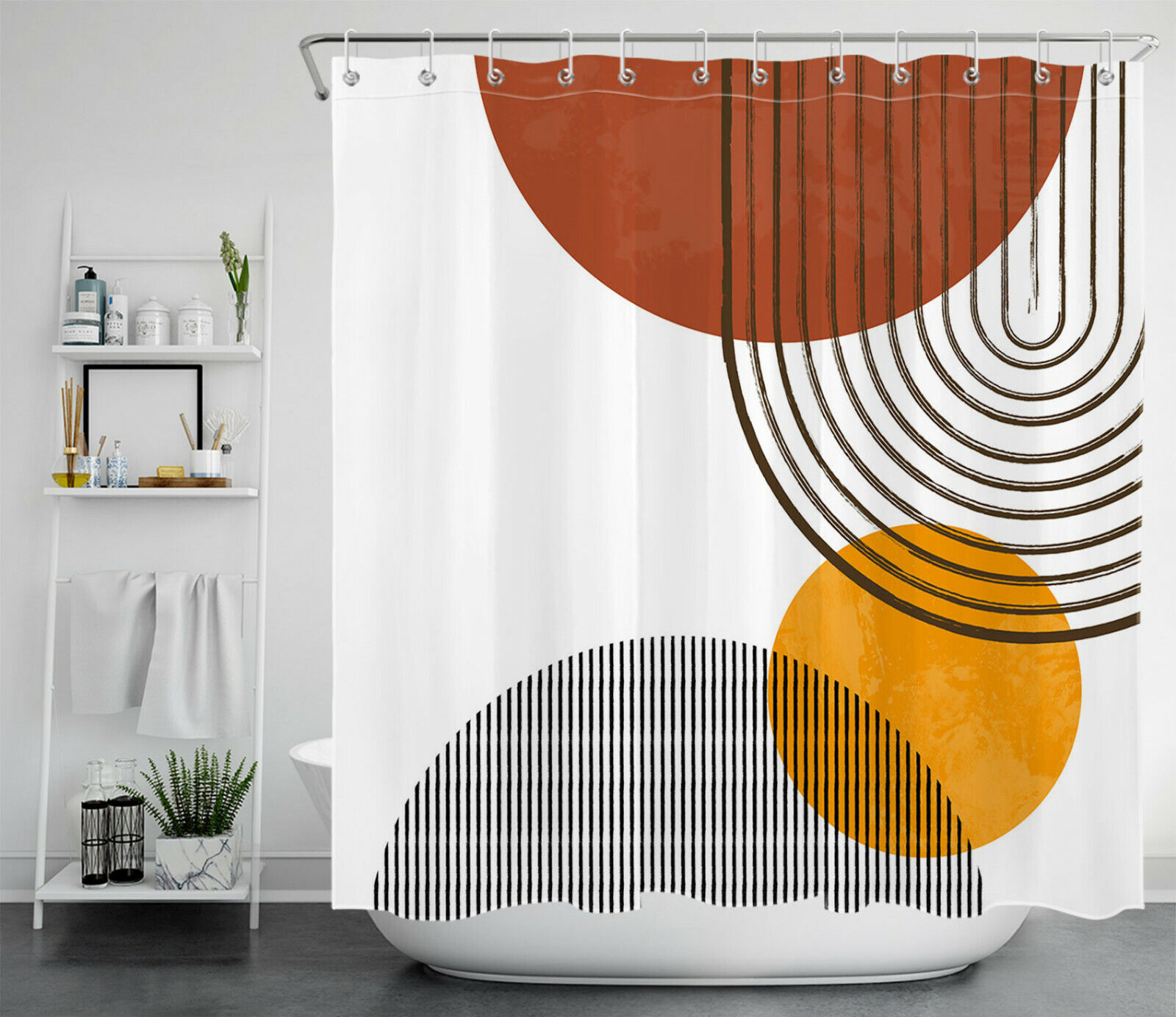 Brown Yellow Line Design Waterproof Geometric Pattern Fabric Shower Curtain - Image 2