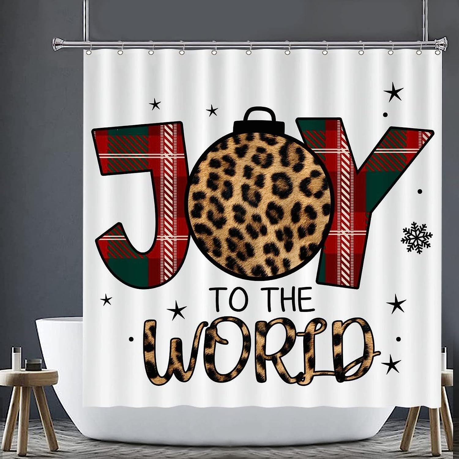 Buffalo Check Plaid Leopard Joy To The World Shower Curtain With Covome Brand - Image 3
