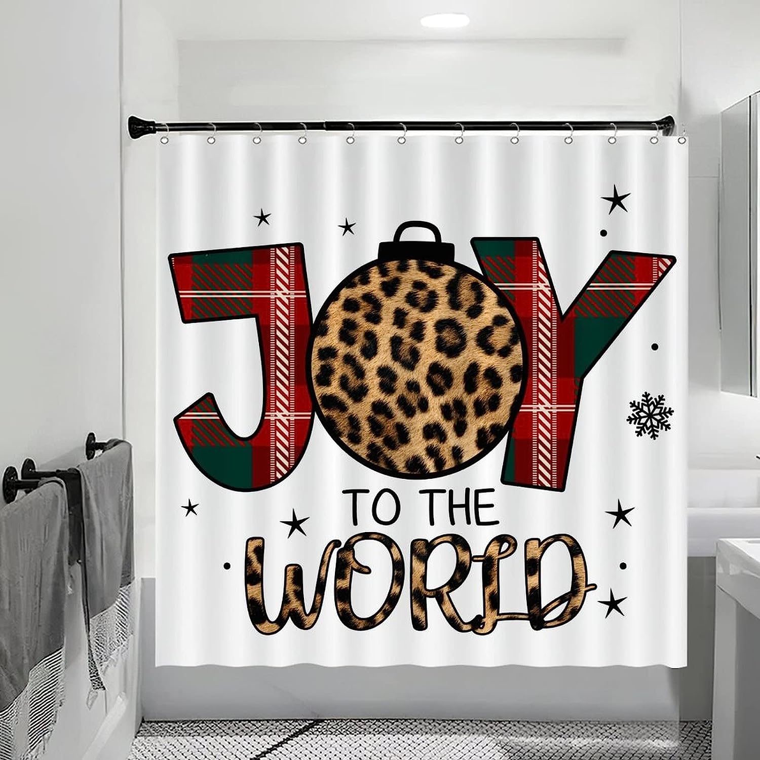 Buffalo Check Plaid Leopard Joy To The World Shower Curtain With Covome Brand - Image 4