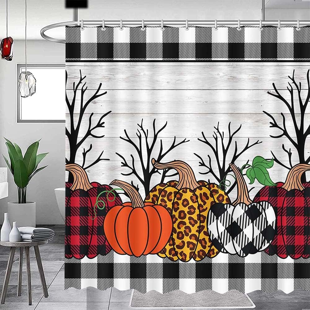 Buffalo Check Plaid Rustic Wood Fall Halloween Thanksgiving Bathroom Fabric Shower Curtain