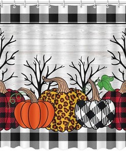 Buffalo Check Plaid Rustic Wood Fall Halloween Thanksgiving Bathroom Fabric Shower Curtain