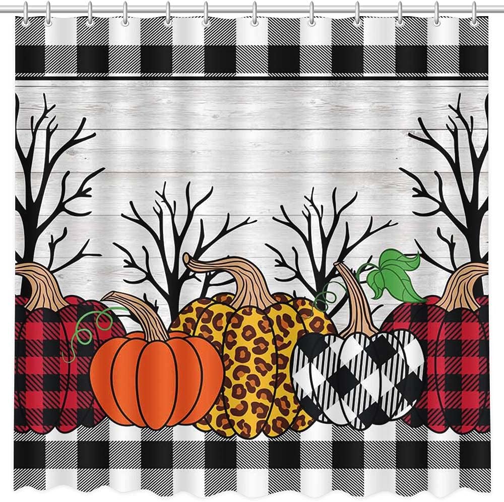 Buffalo Check Plaid Rustic Wood Fall Halloween Thanksgiving Bathroom Fabric Shower Curtain