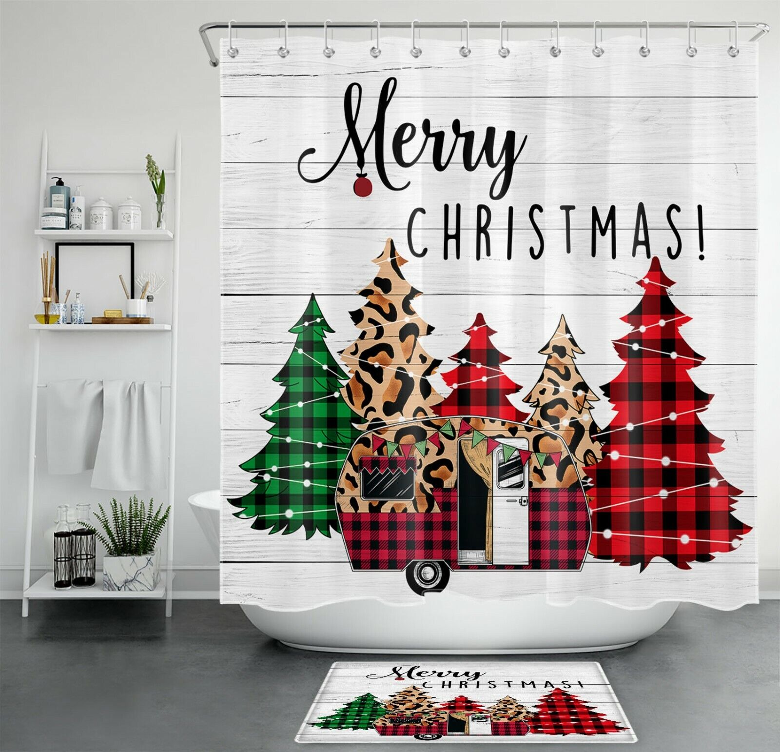 Buffalo Check Plaid Truck With Rose Flower Waterproof Fabric Shower Curtain For Valentine'S Day Bathroom Decor