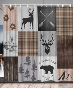Buffalo Plaid Adventure Shower Curtain Rustic Cabin Bear Moose Bathroom Decor