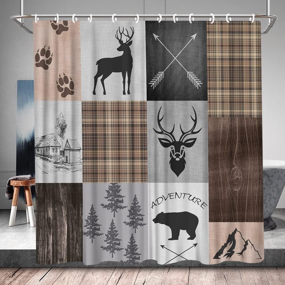 Buffalo Plaid Adventure Shower Curtain Rustic Cabin Bear Moose Bathroom Decor