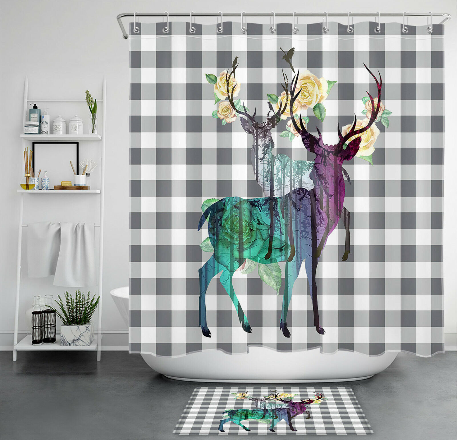 Buffalo Plaid Animal Deer Print Shower Curtain For Rustic Bathroom Decor