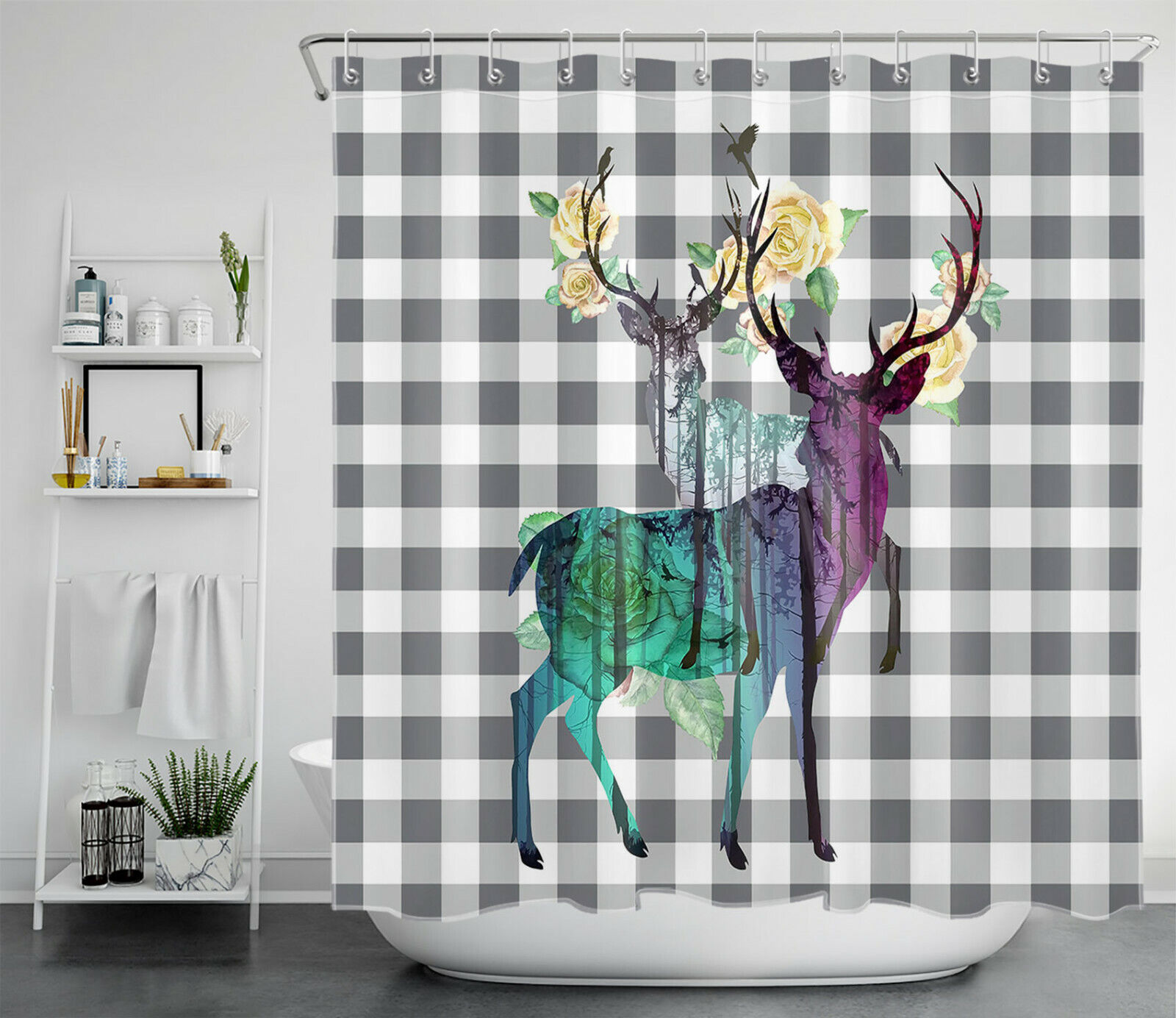 Buffalo Plaid Animal Deer Print Shower Curtain For Rustic Bathroom Decor - Image 2