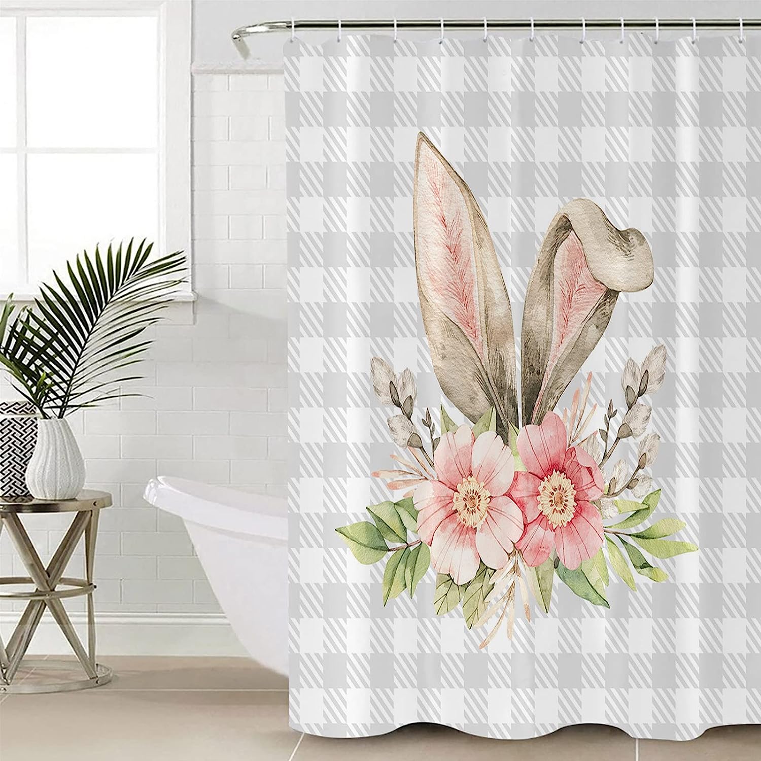 Buffalo Plaid Bunny Rabbit Ears Flower Easter Spring Print Shower Curtain