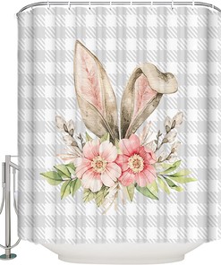 Buffalo Plaid Bunny Rabbit Ears Flower Easter Spring Print Shower Curtain