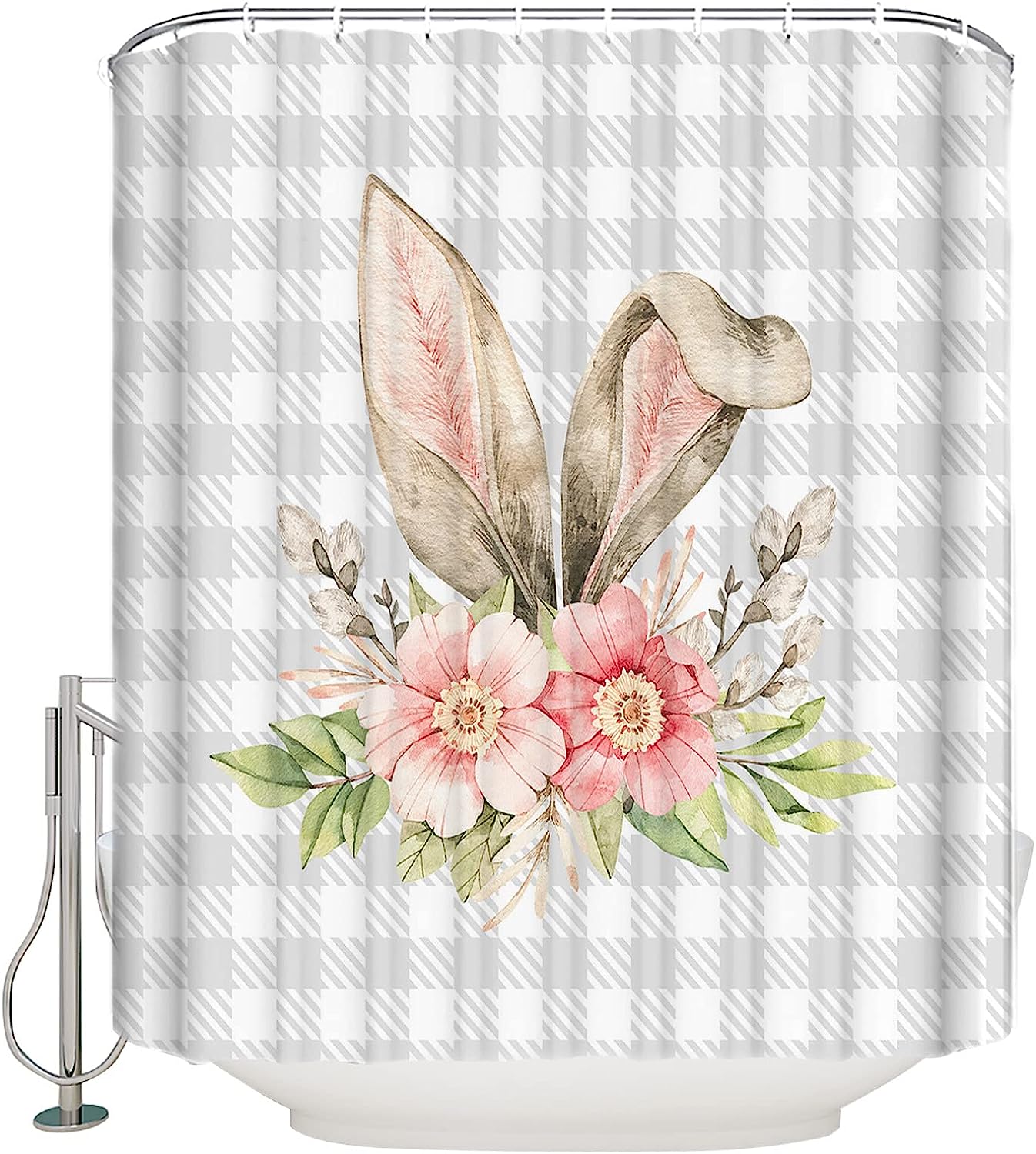 Buffalo Plaid Bunny Rabbit Ears Flower Easter Spring Print Shower Curtain