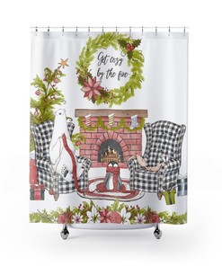 Buffalo Plaid Christmas Shower Curtain With Animal Holiday Decor, Polar Bear, Penguin And Christmas Saying For Bathroom