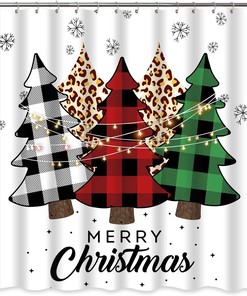 Buffalo Plaid Christmas Trees Shower Curtain for Winter Farmhouse Xmas Bathroom Decor 