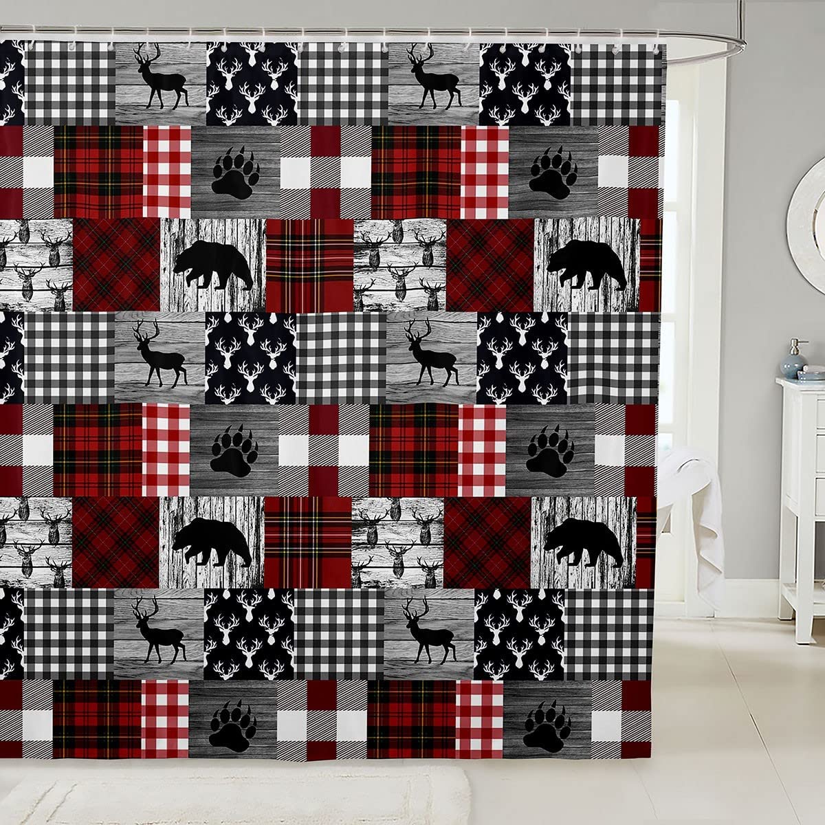 Buffalo Plaid Elk Deer Shower Curtain Vintage Bear Moose Animal Rustic Farm Patchwork Bed Set For Boys