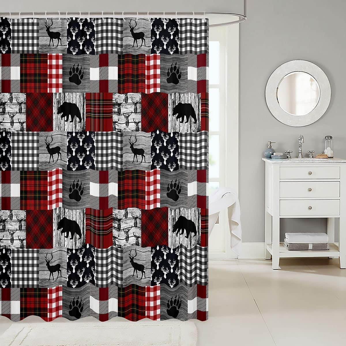 Buffalo Plaid Elk Deer Shower Curtain Vintage Bear Moose Animal Rustic Farm Patchwork Bed Set For Boys - Image 2