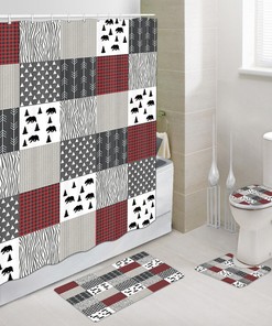 Buffalo Plaid Fabric Shower Curtain Rustic Cabin Bear Bathroom Set
