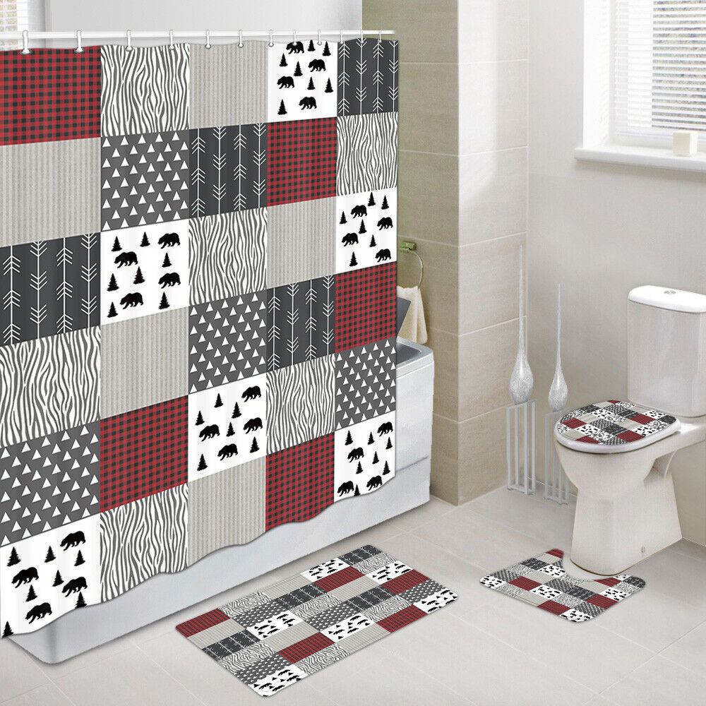 Buffalo Plaid Fabric Shower Curtain Rustic Cabin Bear Bathroom Set