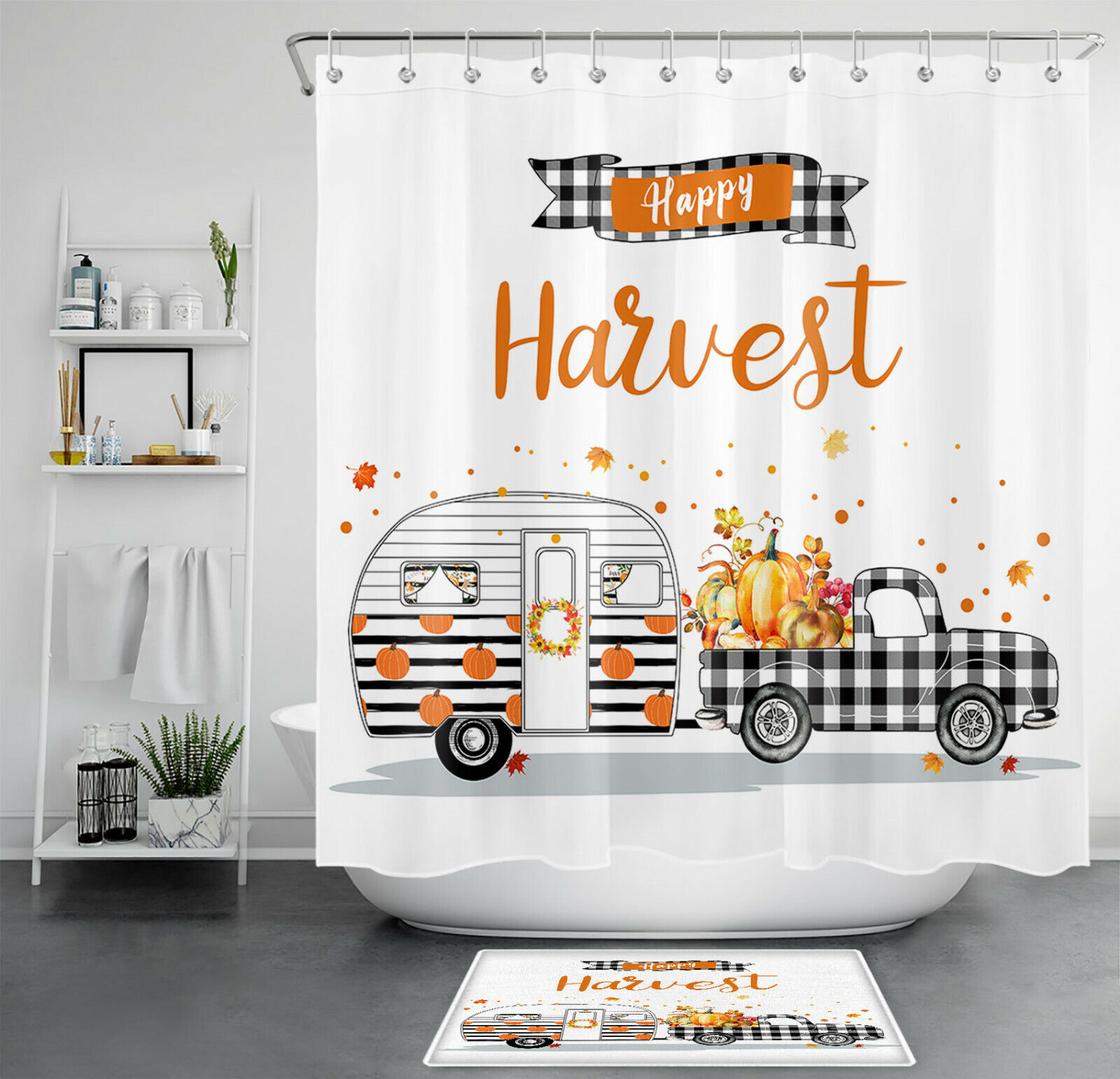Buffalo Plaid Farm Truck And Camper Harvest Shower Curtain For Bathroom Decor