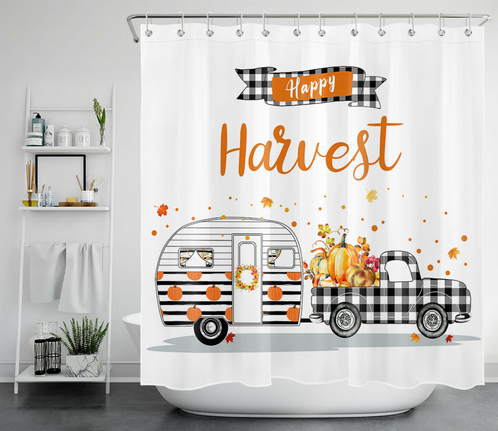 Buffalo Plaid Farm Truck And Camper Harvest Shower Curtain For Bathroom Decor