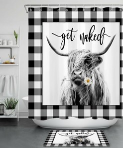 Buffalo Plaid Farmhouse Highland Cow Shower Curtain Funny Bathroom Decor