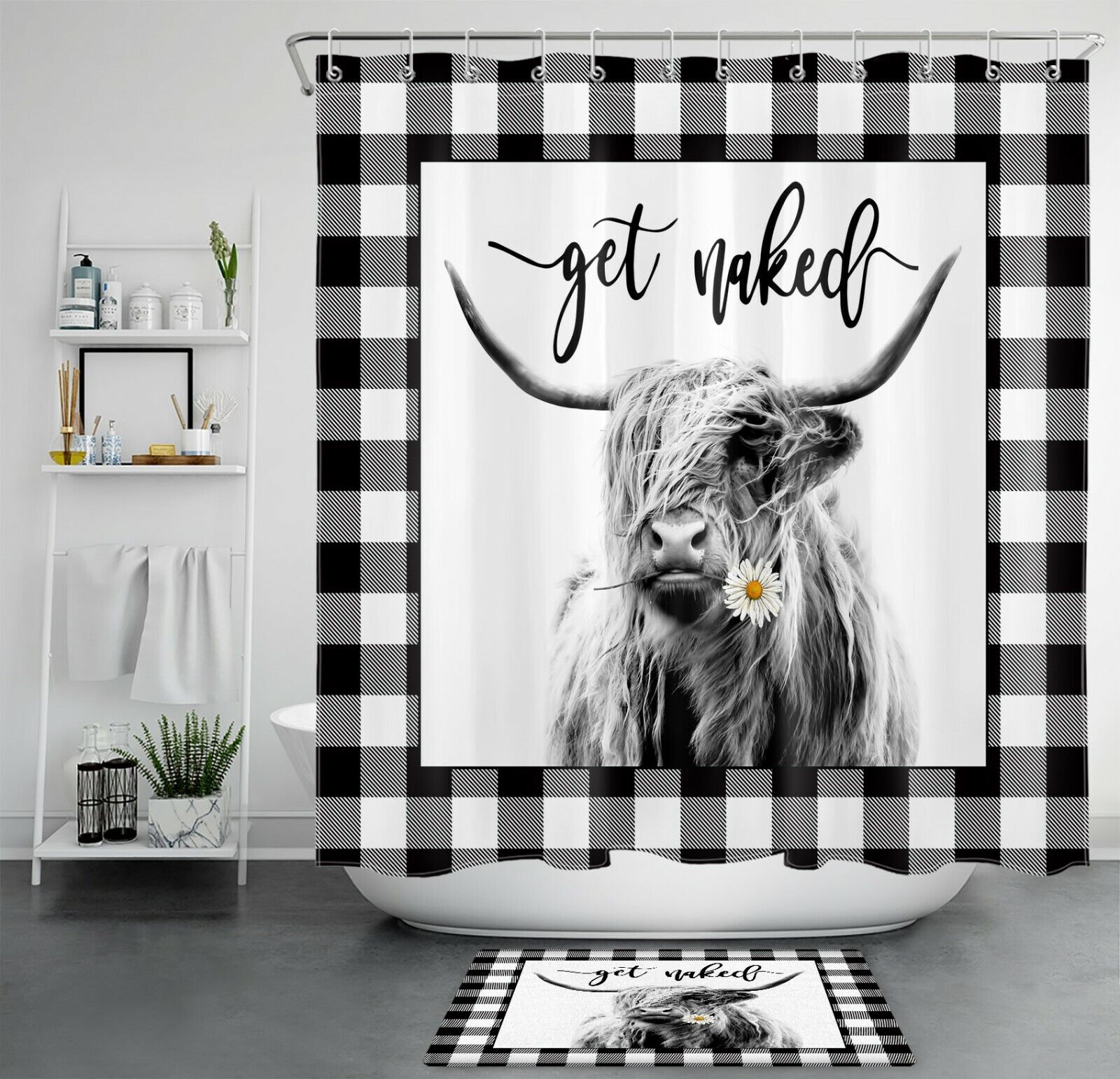 Buffalo Plaid Farmhouse Highland Cow Shower Curtain Funny Bathroom Decor