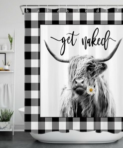Buffalo Plaid Farmhouse Highland Cow Shower Curtain Funny Bathroom Decor