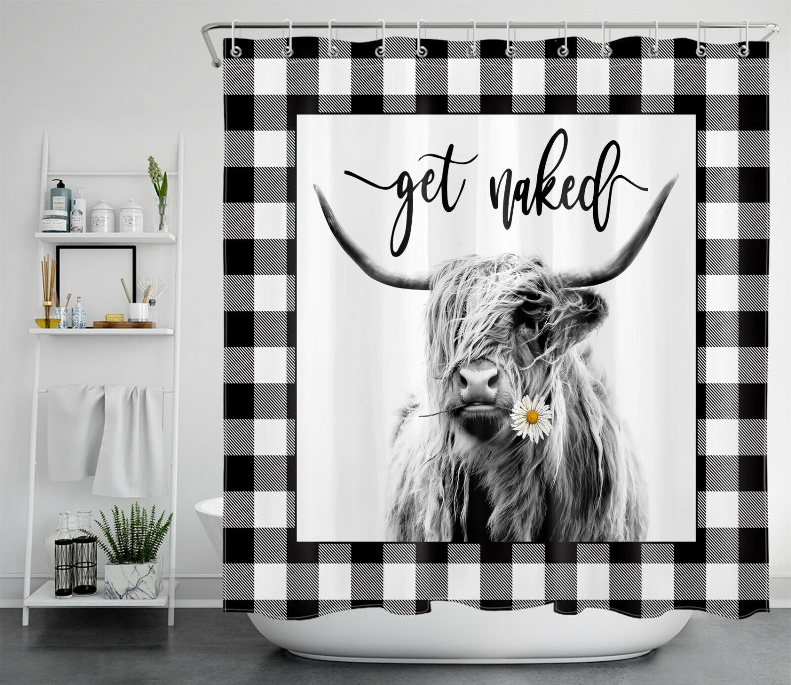Buffalo Plaid Farmhouse Highland Cow Shower Curtain Funny Bathroom Decor