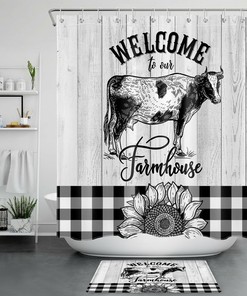Buffalo Plaid Farmhouse Shower Curtain With Cow Sunflower Bath Accessory