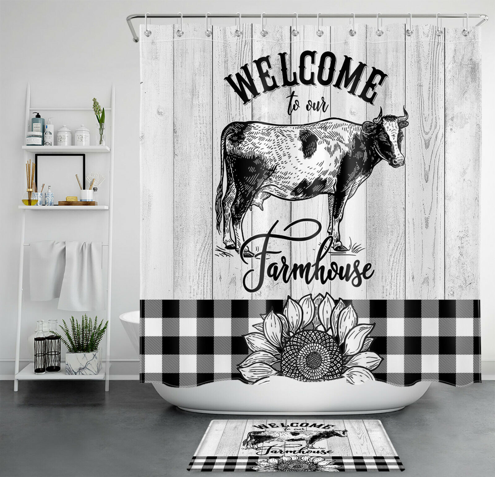 Buffalo Plaid Farmhouse Shower Curtain With Cow Sunflower Bath Accessory