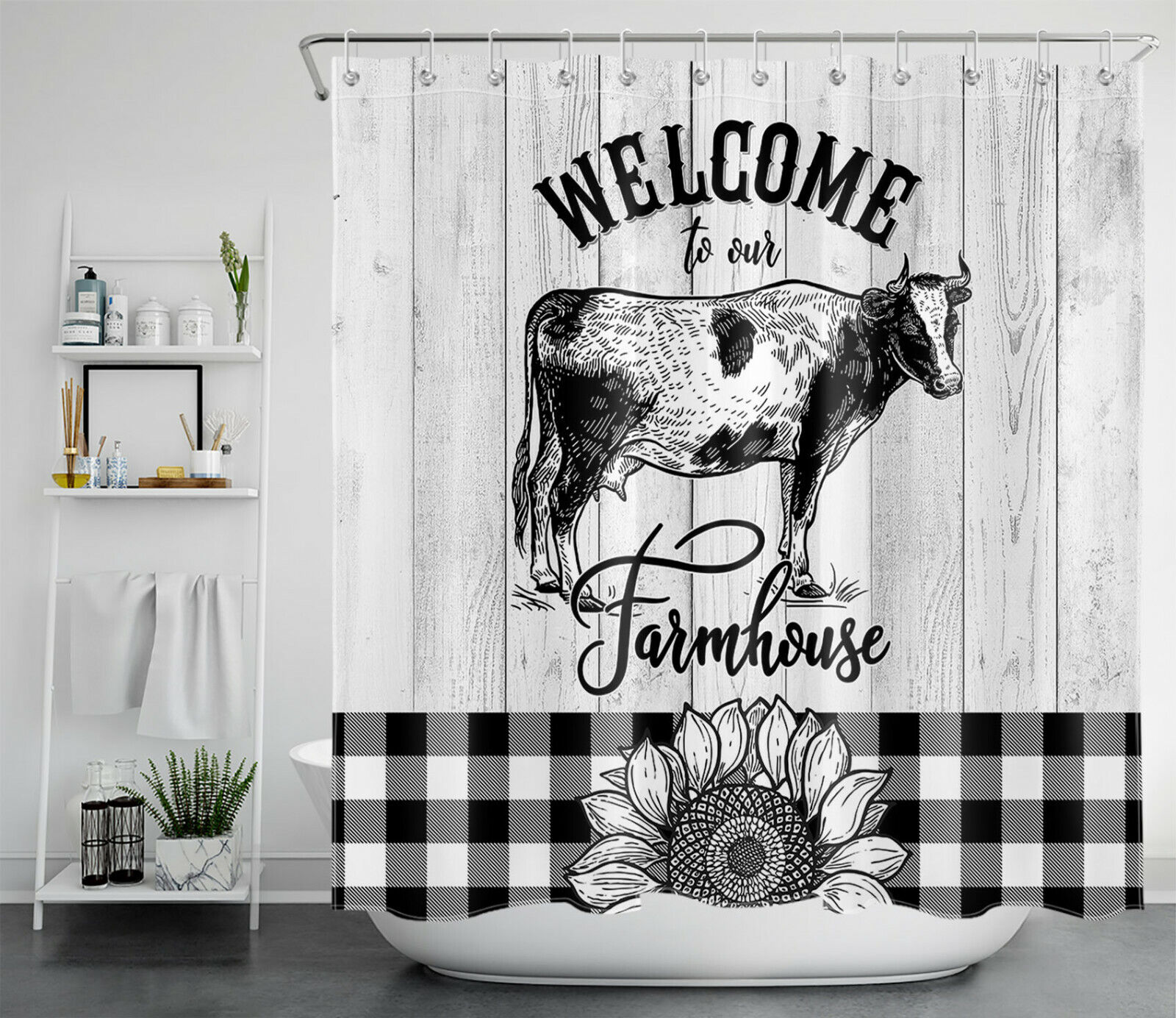 Buffalo Plaid Farmhouse Shower Curtain With Cow Sunflower Bath Accessory - Image 2