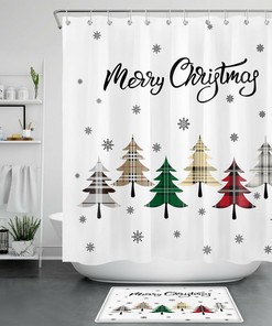 Buffalo Plaid Fir Tree Snowflakes Christmas Shower Curtain - Rustic Bathroom Decor
