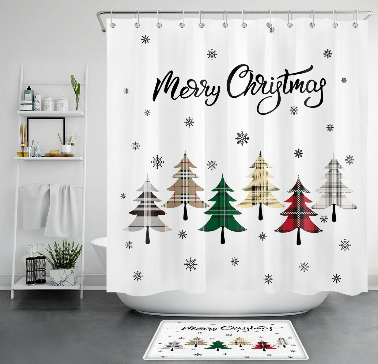 Buffalo Plaid Fir Tree Snowflakes Christmas Shower Curtain - Rustic Bathroom Decor