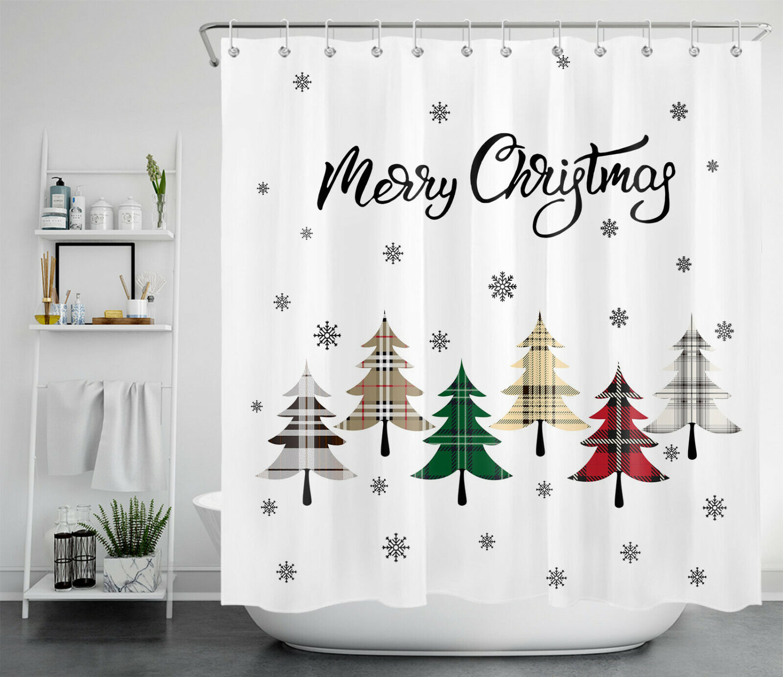 Buffalo Plaid Fir Tree Snowflakes Christmas Shower Curtain - Rustic Bathroom Decor