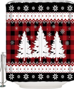 Buffalo Plaid Pine Shower Curtain | Merry Christmas Red Snowflake Tree Bathroom Decor