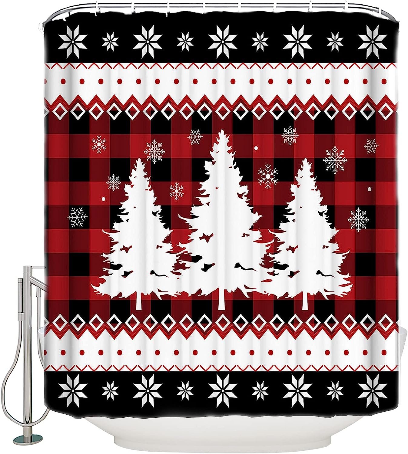 Buffalo Plaid Pine Shower Curtain | Merry Christmas Red Snowflake Tree Bathroom Decor