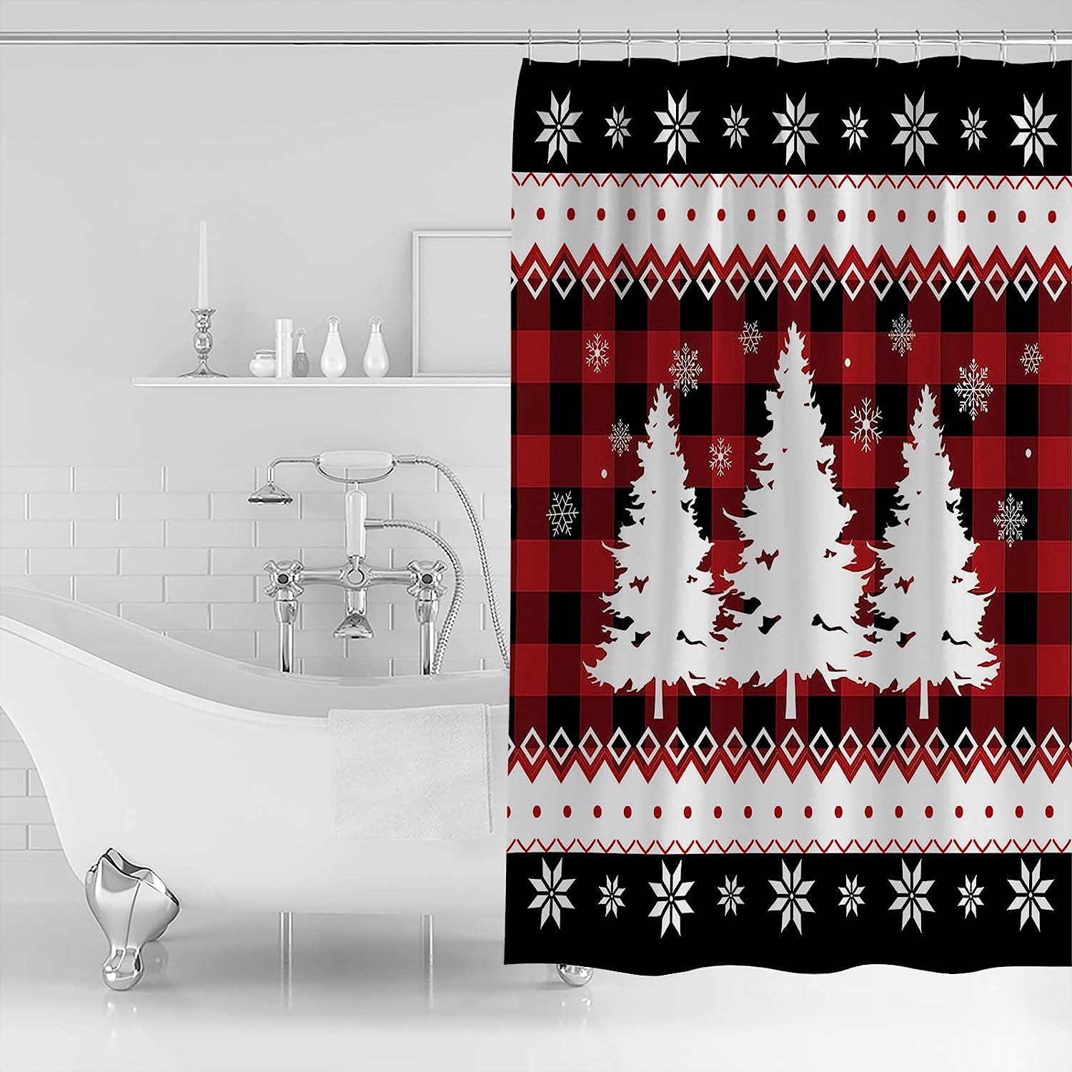 Buffalo Plaid Pine Shower Curtain | Merry Christmas Red Snowflake Tree Bathroom Decor - Image 2