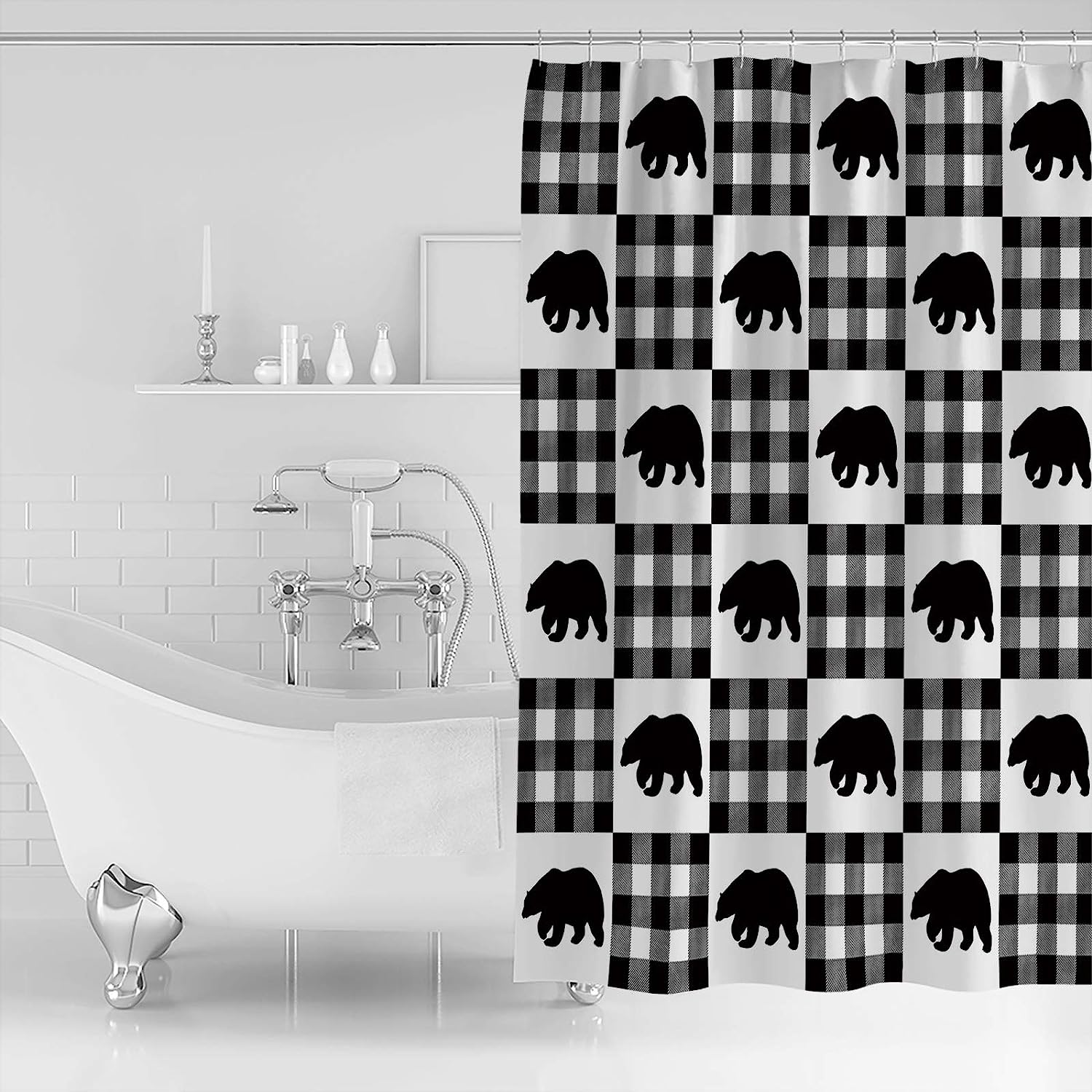 Buffalo Plaid Polar Bear Shower Curtain | Merry Christmas Winter Bathroom Decor - Image 2