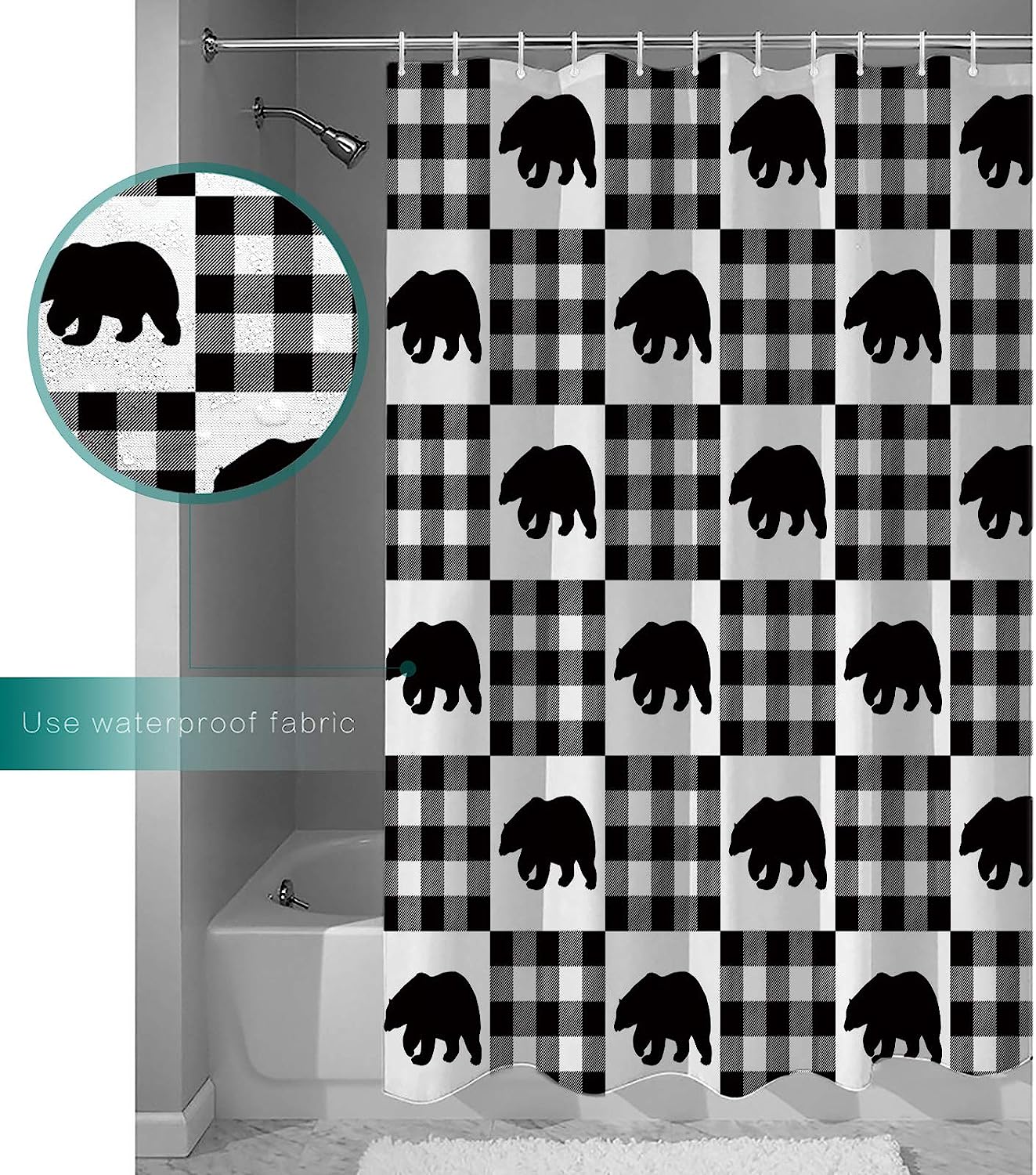 Buffalo Plaid Polar Bear Shower Curtain | Merry Christmas Winter Bathroom Decor - Image 3