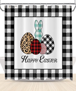 Buffalo Plaid Rabbit Easter Eggs Shower Curtain - Kids Spring Festival Waterproof Fabrics