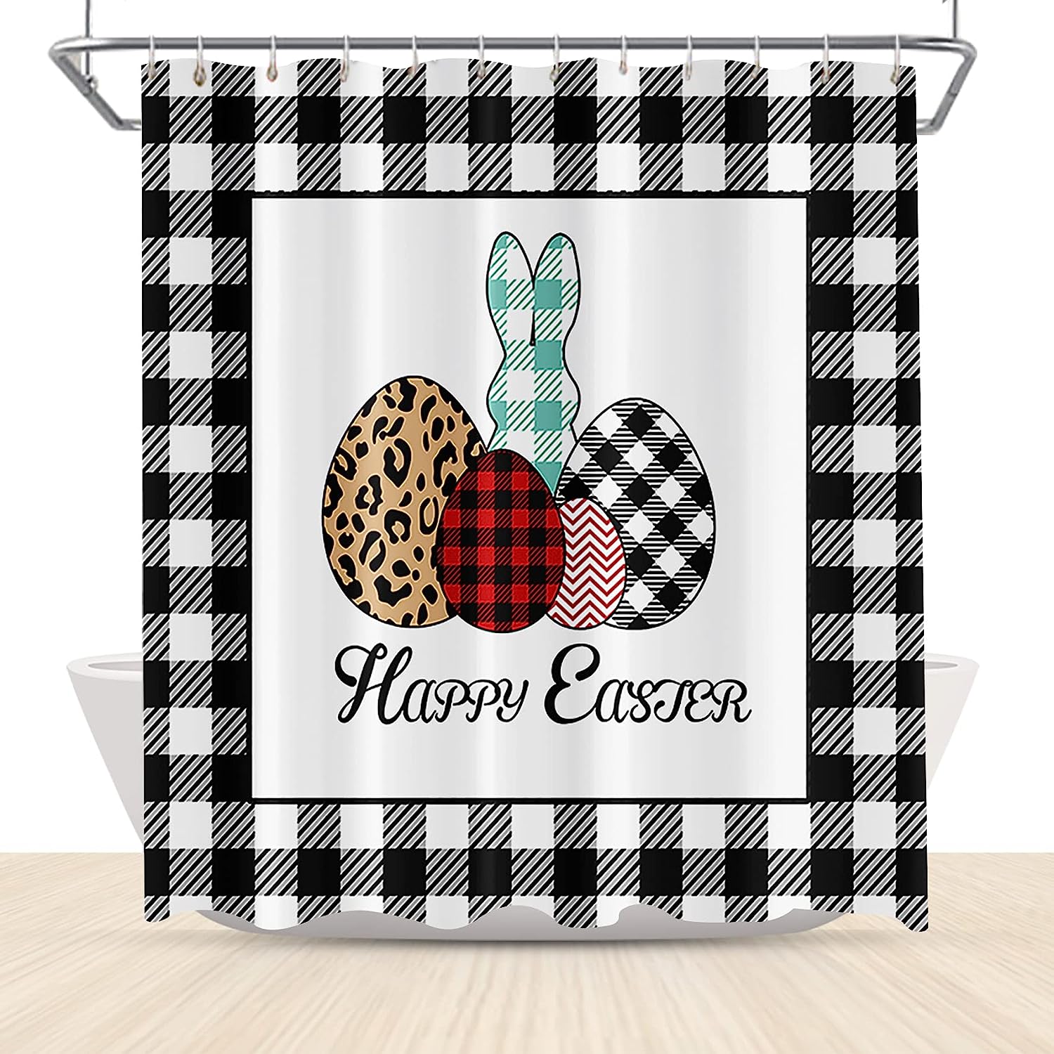 Buffalo Plaid Rabbit Easter Eggs Shower Curtain - Kids Spring Festival Waterproof Fabrics