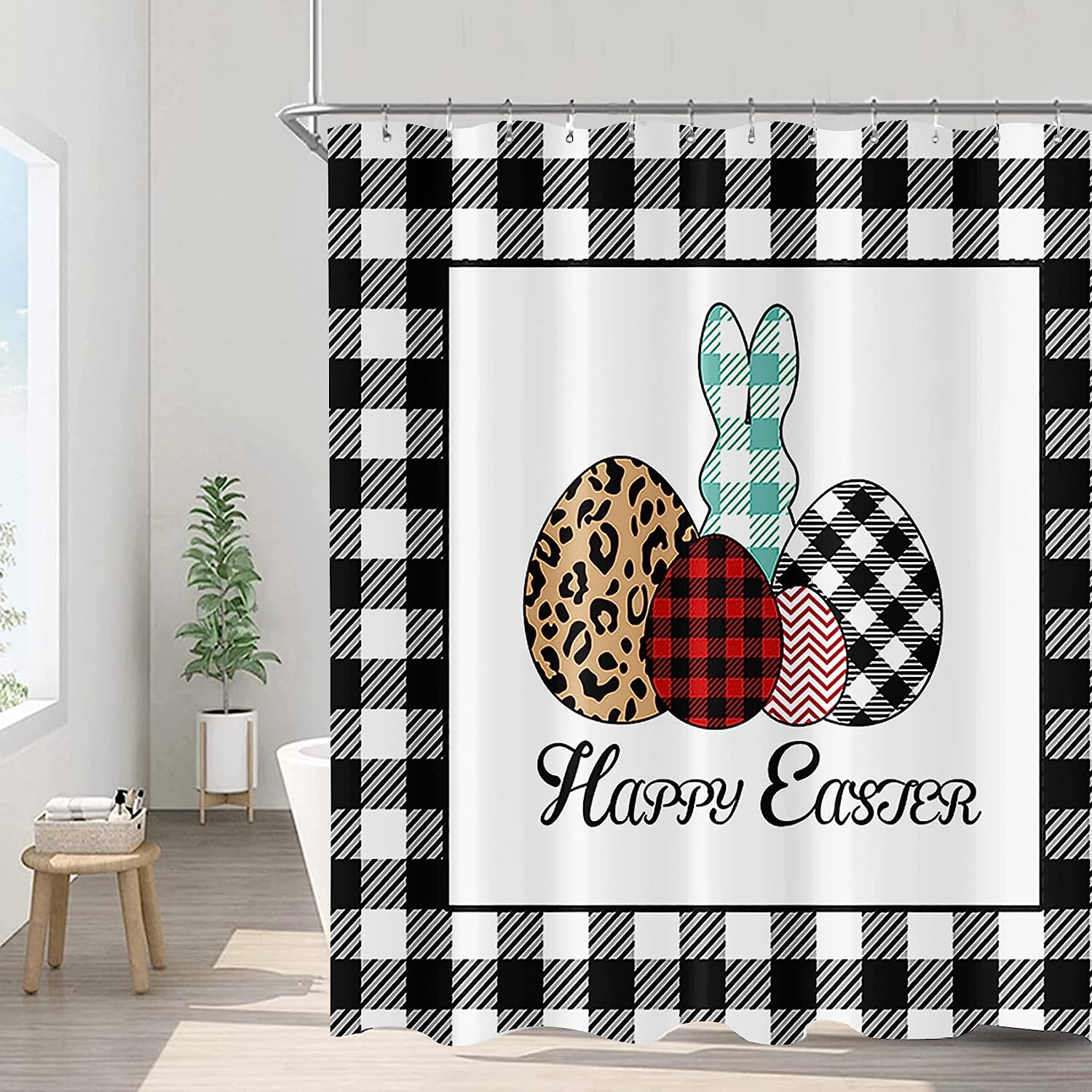 Buffalo Plaid Rabbit Easter Eggs Shower Curtain - Kids Spring Festival Waterproof Fabrics - Image 2