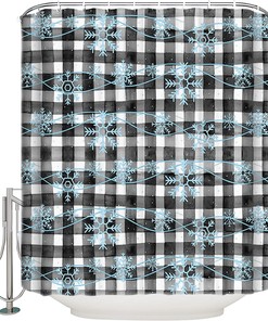 Buffalo Plaid Shower Curtain | Blue Snowflake Christmas Bathroom Decor