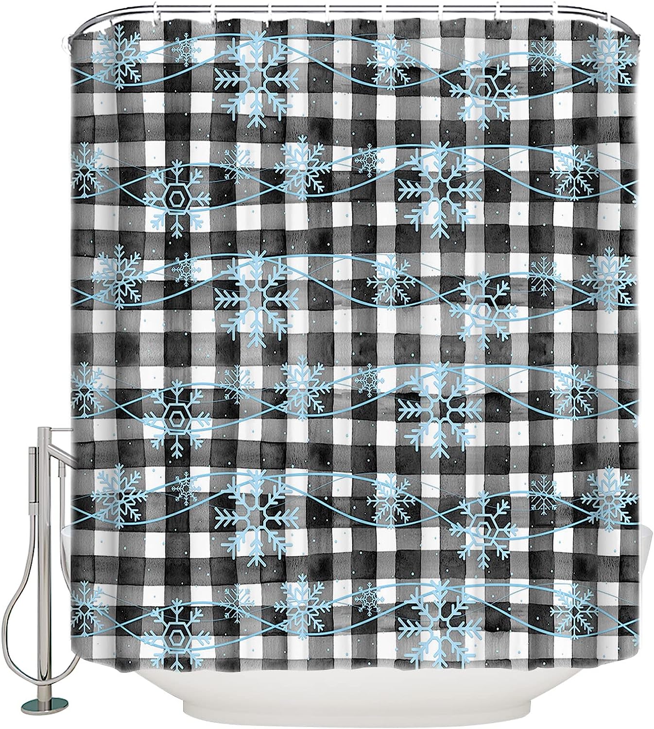 Buffalo Plaid Shower Curtain | Blue Snowflake Christmas Bathroom Decor