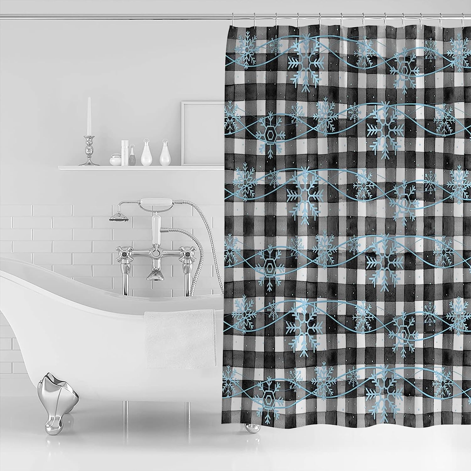 Buffalo Plaid Shower Curtain | Blue Snowflake Christmas Bathroom Decor - Image 2
