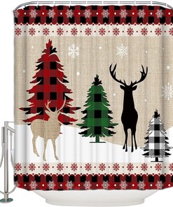 Buffalo Plaid Snowflake Reindeer Xmas Tree Shower Curtain For Christmas