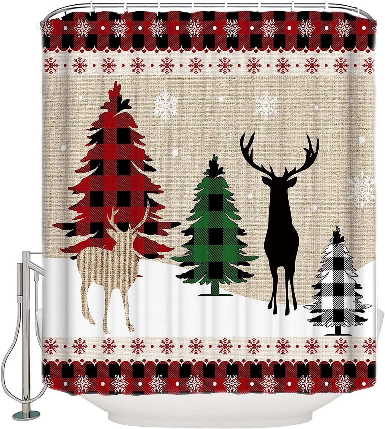 Buffalo Plaid Snowflake Reindeer Xmas Tree Shower Curtain For Christmas