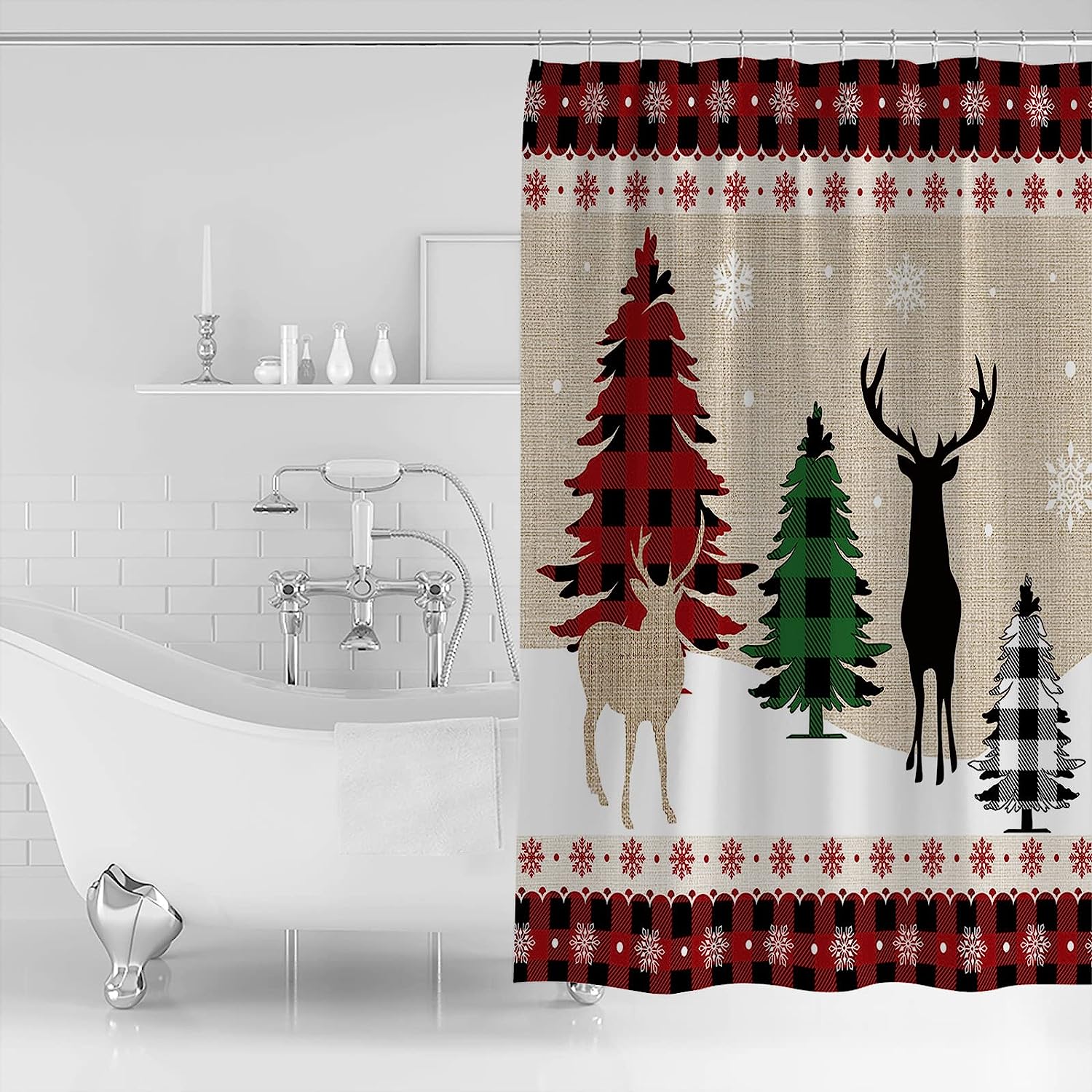 Buffalo Plaid Snowflake Reindeer Xmas Tree Shower Curtain For Christmas - Image 2